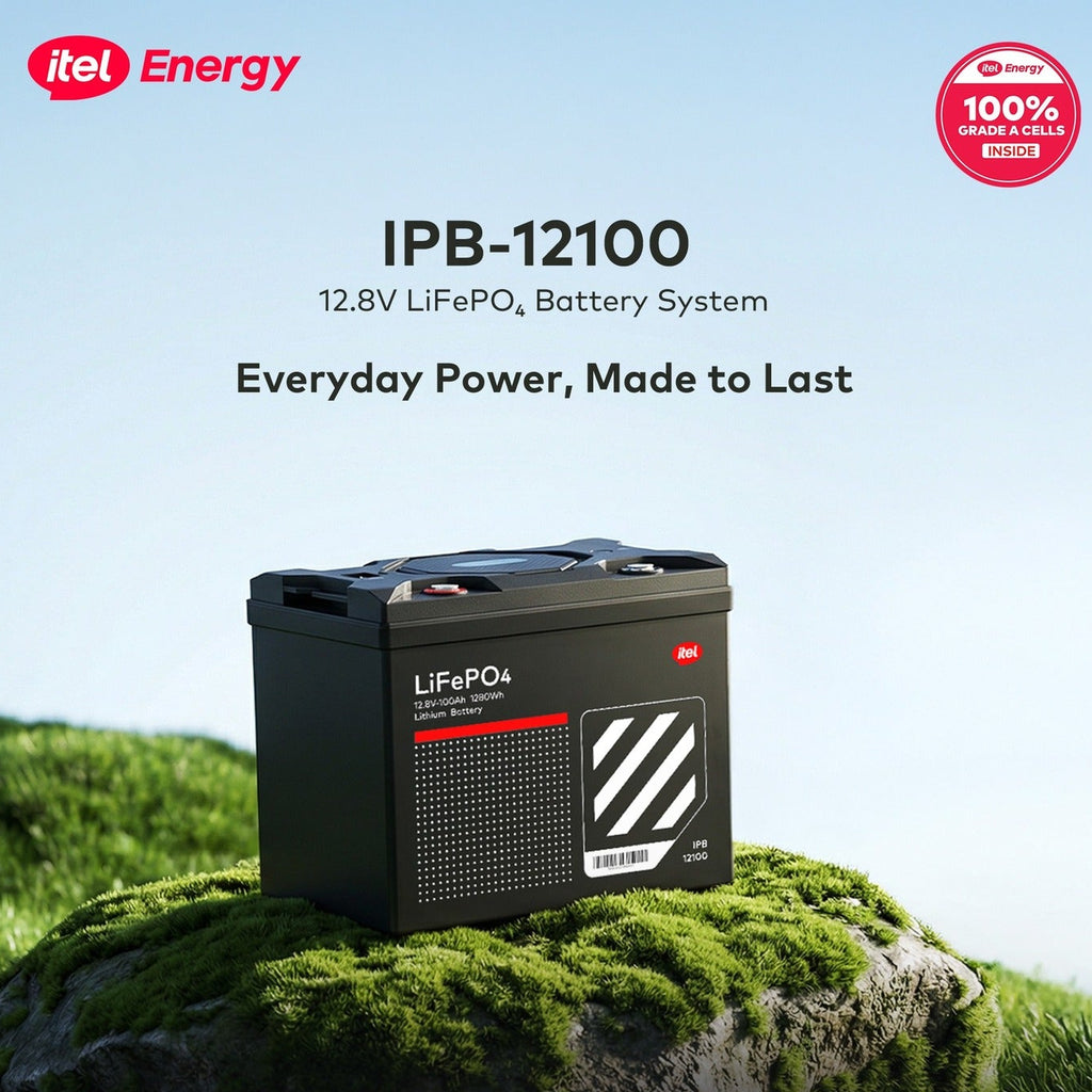 itel Energy IPB-12100 battery system on a rock with grass, branded with '100% Original' badge.