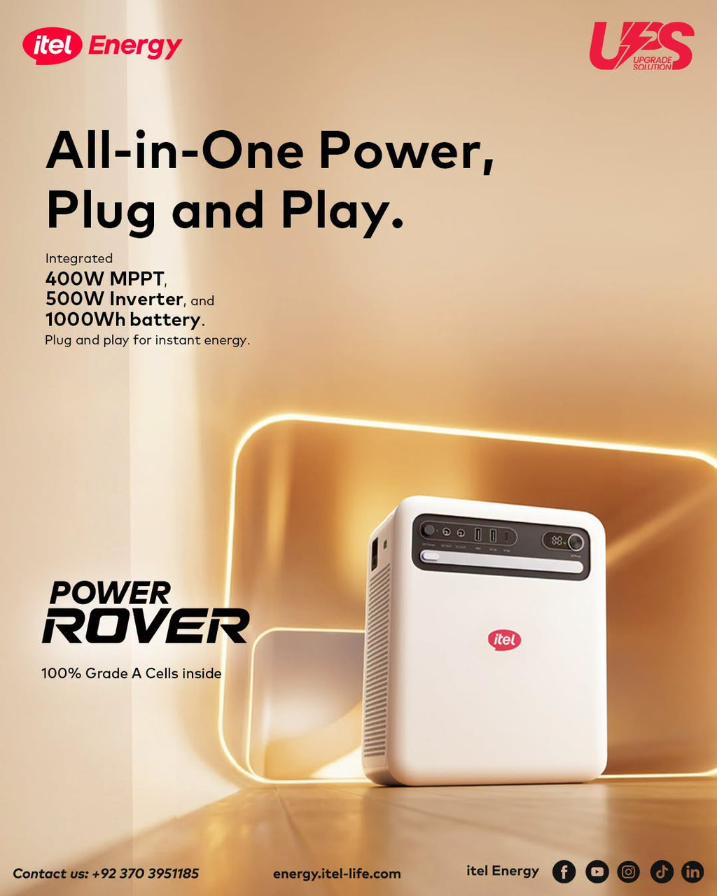 Itel Power Rover-All-in-One ESS, 1kWh LiFePO₄ battery, 500W AC/DC output